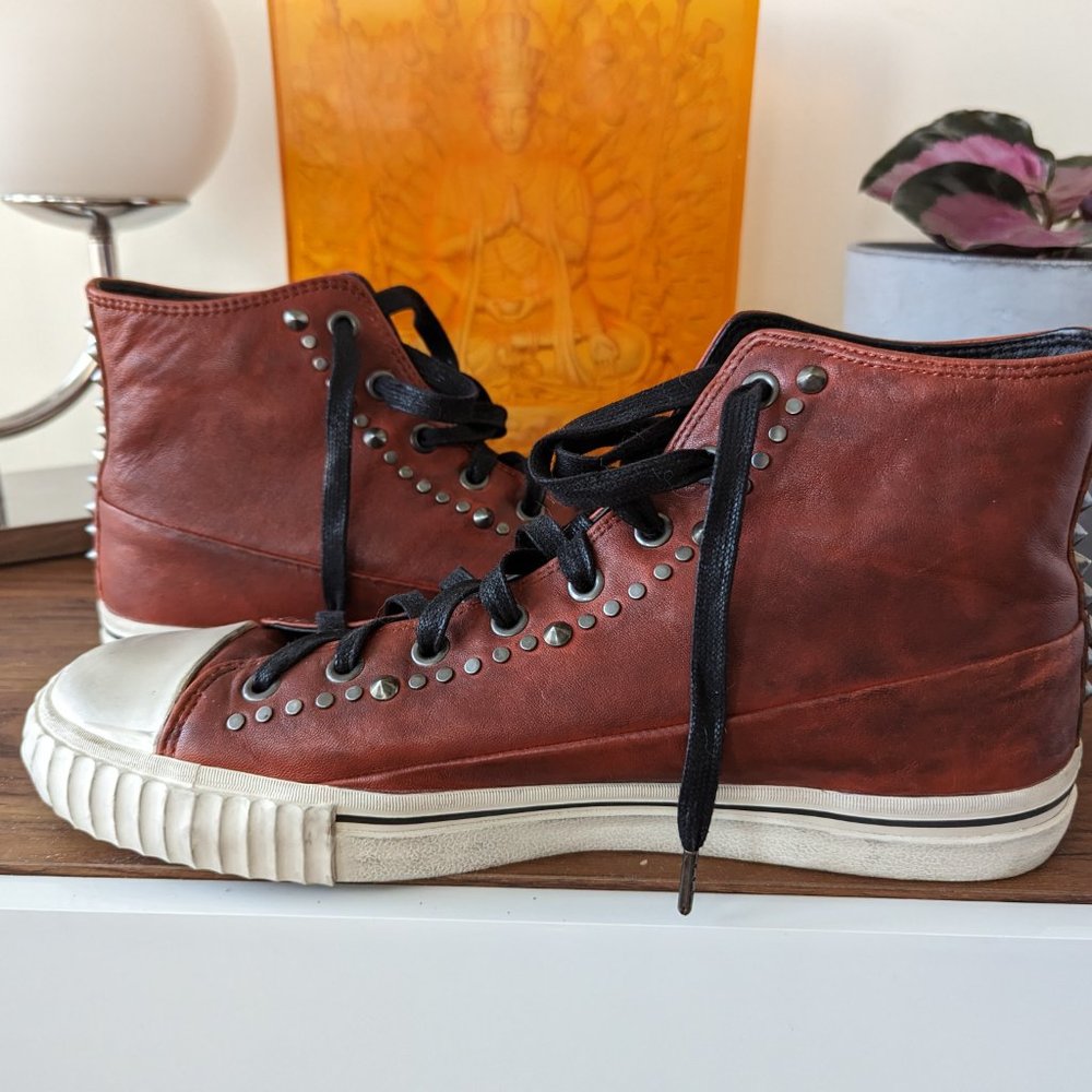 John Varvatos Red Leather Studded High-Top Sneakers Worn Twice - Fits 11.5 Mint
